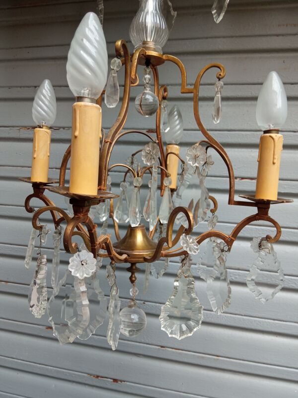 Lustre cage 4 feux à pampilles de cristal