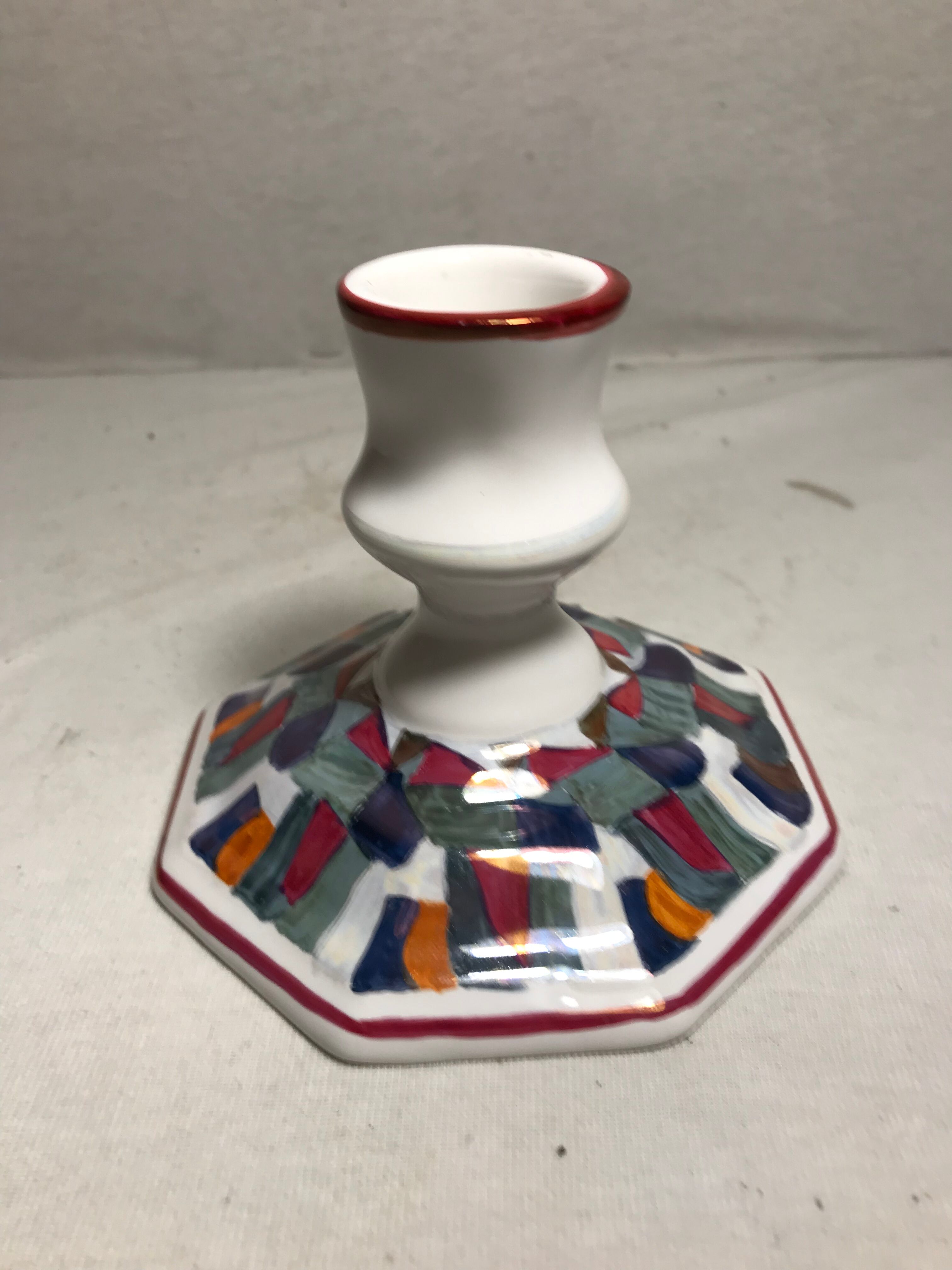 Old candle holder ceramic white + patterns painted colors signed vintage comics