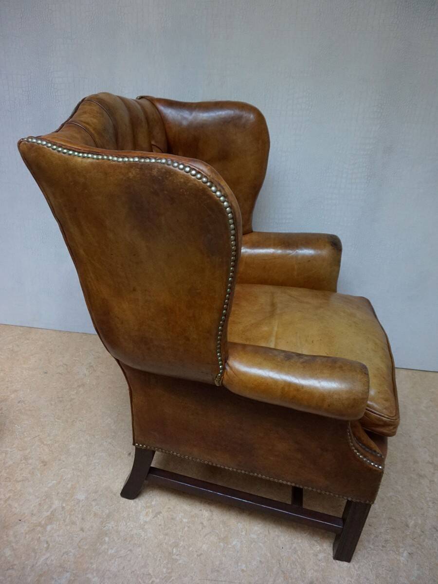 Vintage Cognac Leather Wingback Chesterfield Armchair, England 1940s