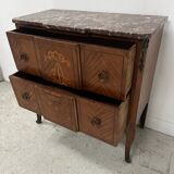 Transitional style commode with a protruding front, in marquetry wood, 20th century.