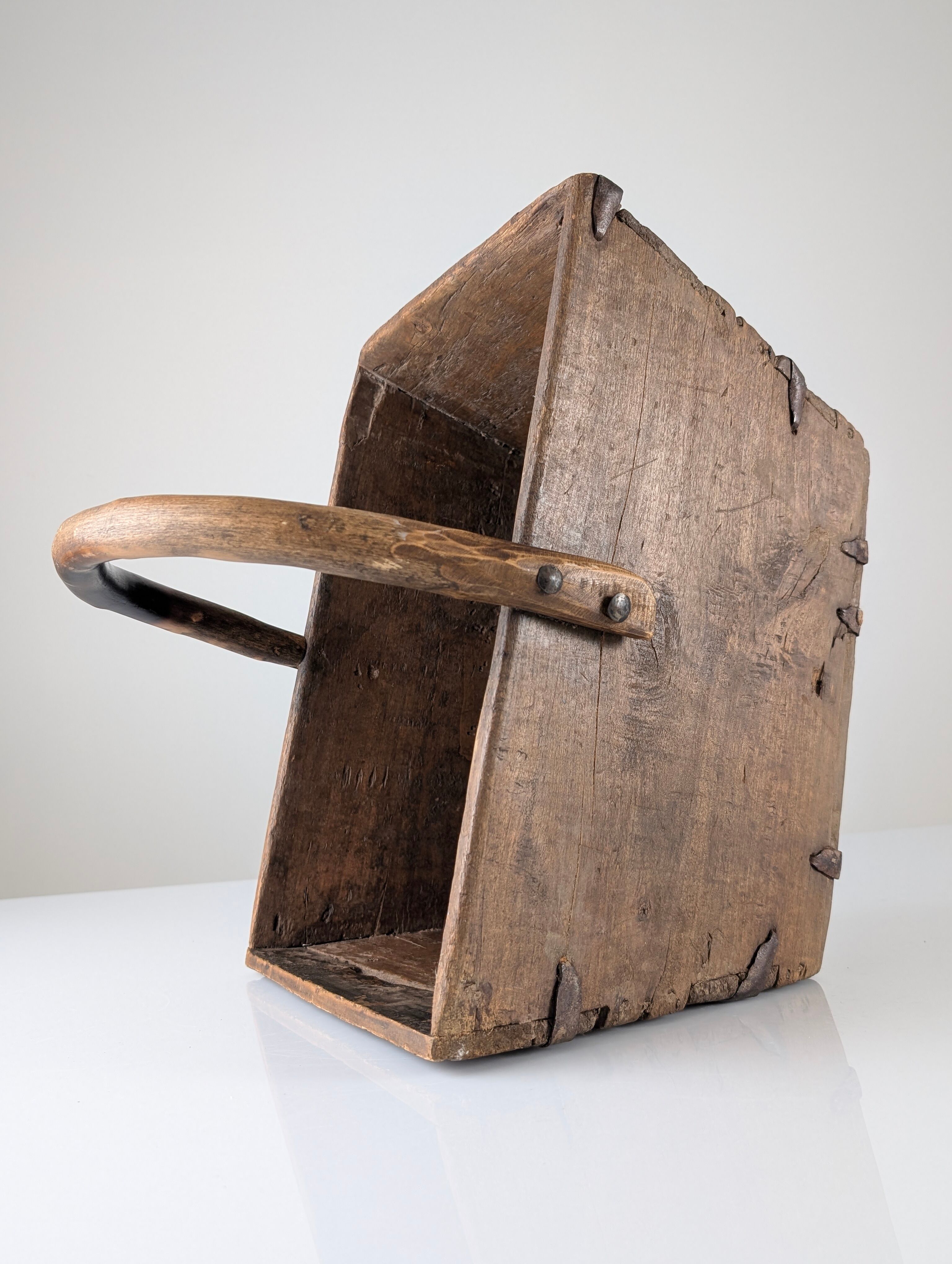 Antique wooden log basket with wrought iron fittings, Wabi-Sabi, 19th century
