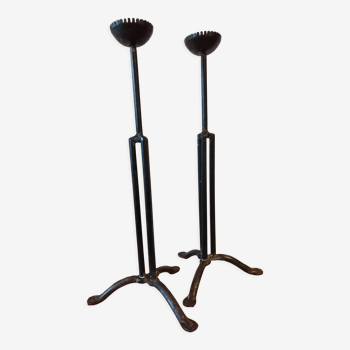 Pair of brutalist iron and bronze candlesticks
