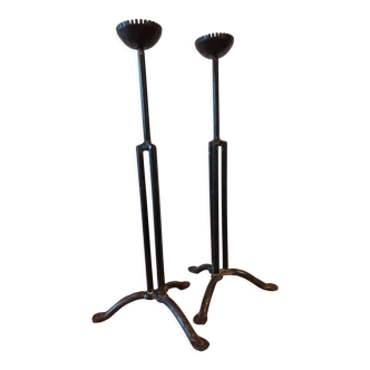 Pair of brutalist iron and bronze candlesticks