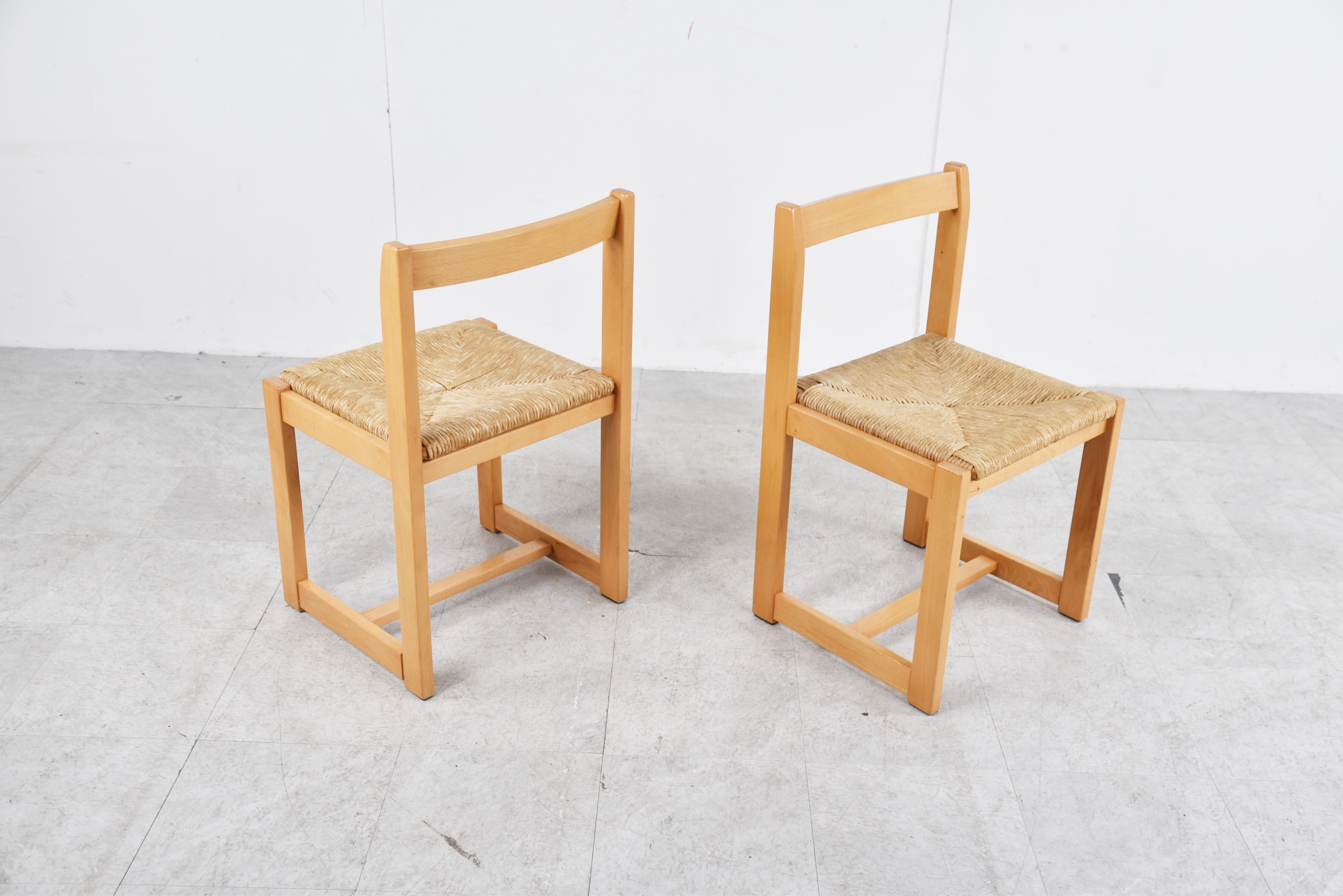 6 vintage oak and wicker dining chairs, 1960s