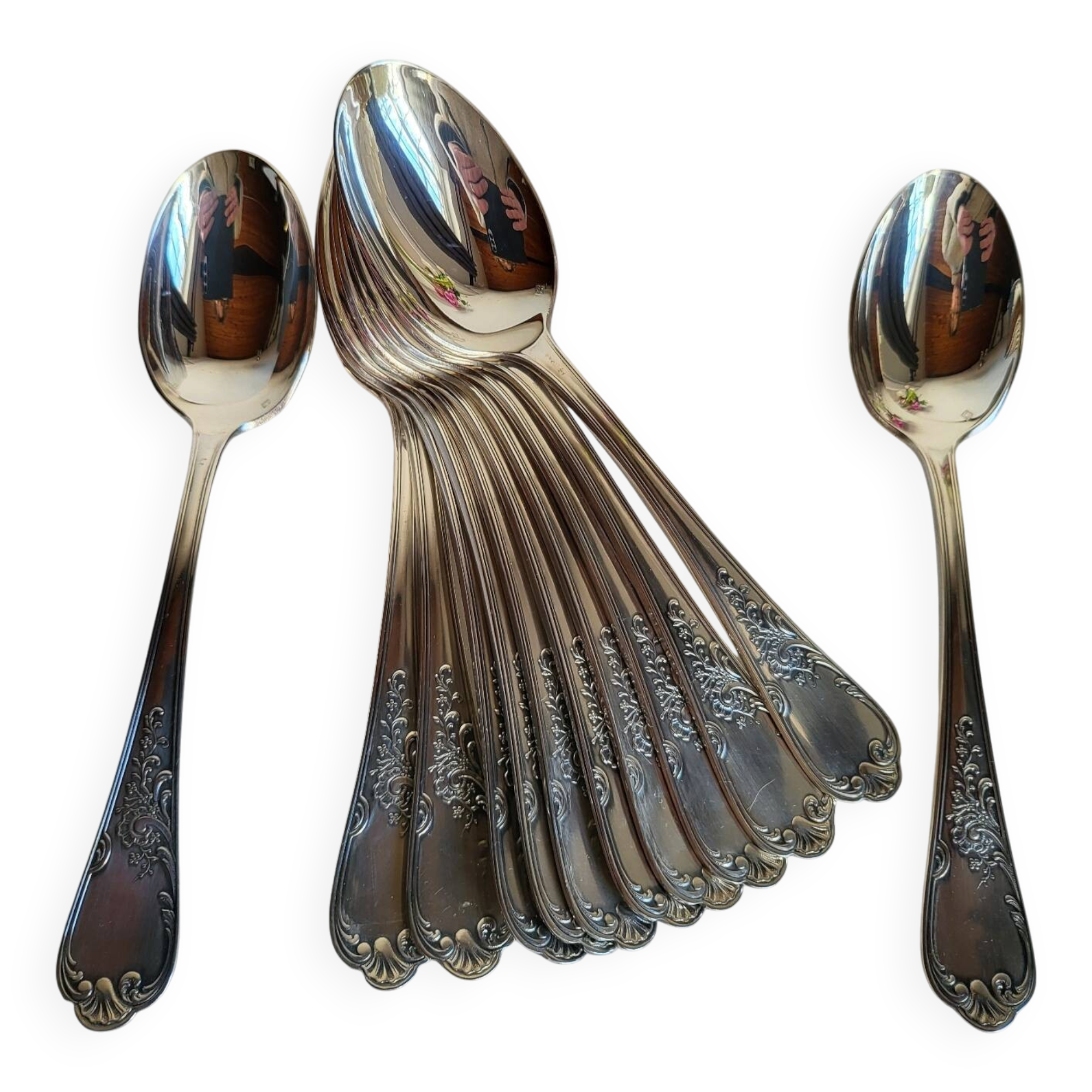 12 large silver-plated metal table spoons by Guildart
