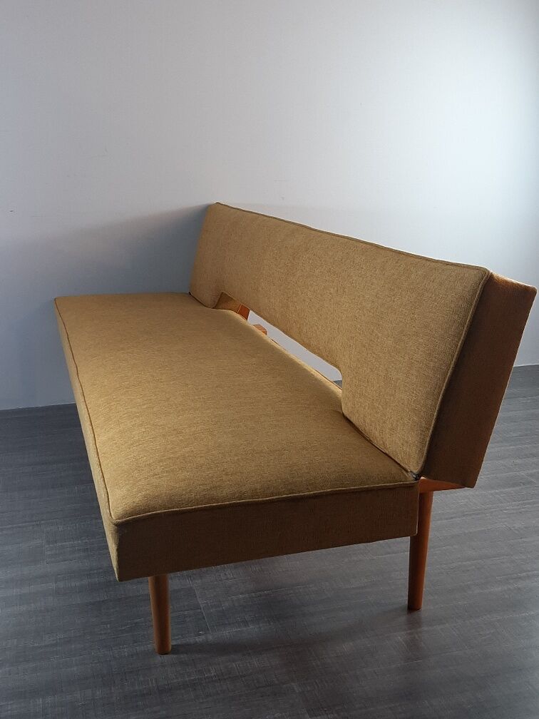 Sofa and daybed in beech and mustard fabric by Miroslav Navratil, vintage Czechoslovakia 1960s