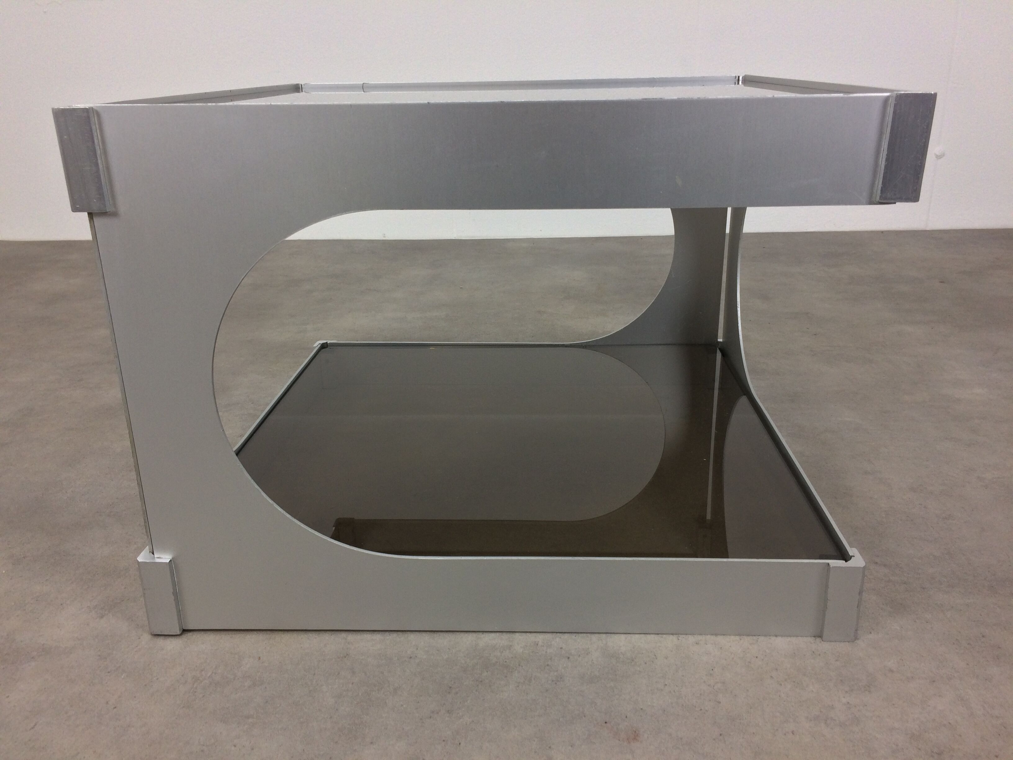 Side table space age aluminum smoked glass, end of sofa 1970