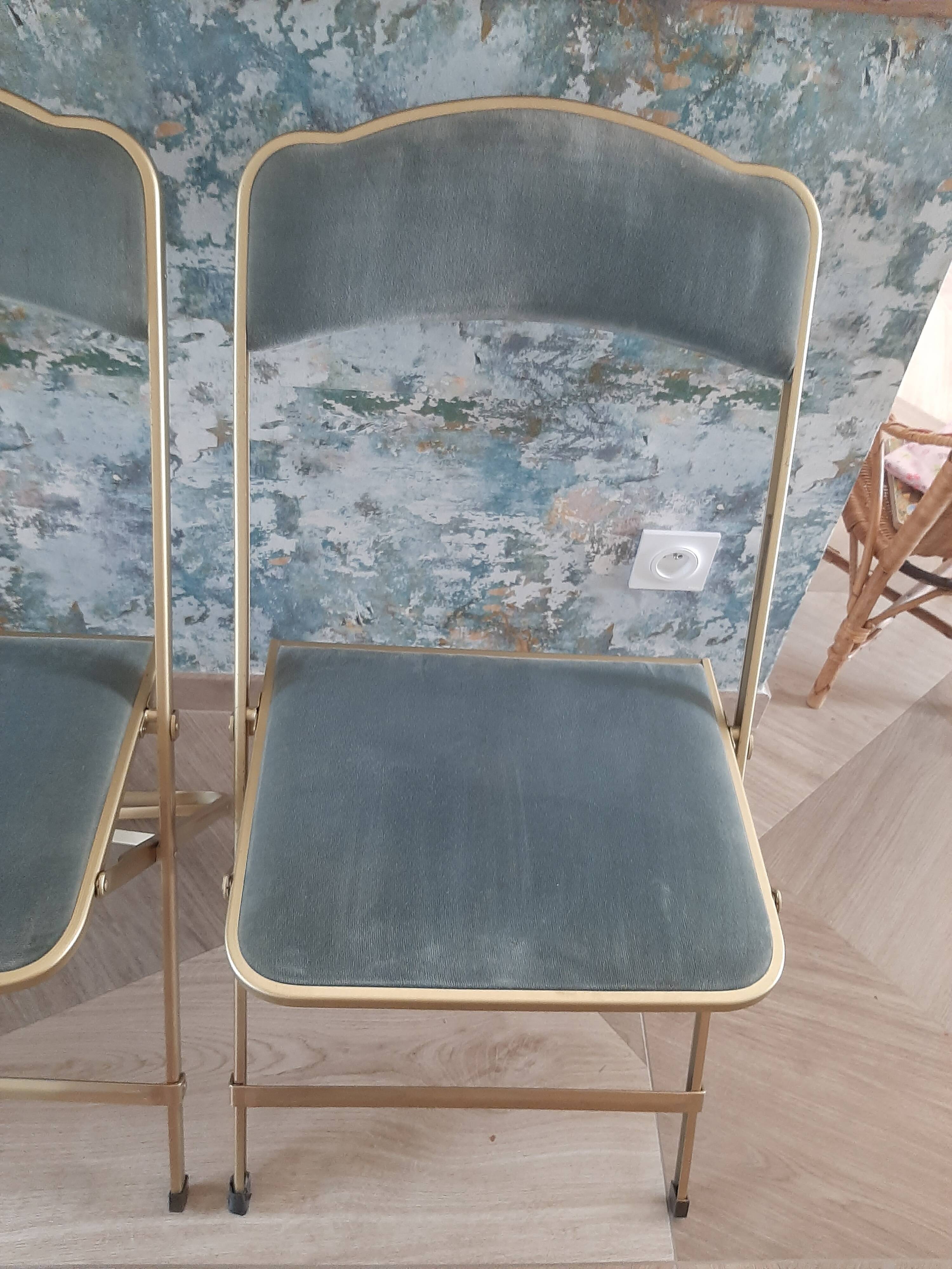 Lot de 4 chaises  pliantes - dossier et assise vert d'eau - structure métal doré -Chaisor