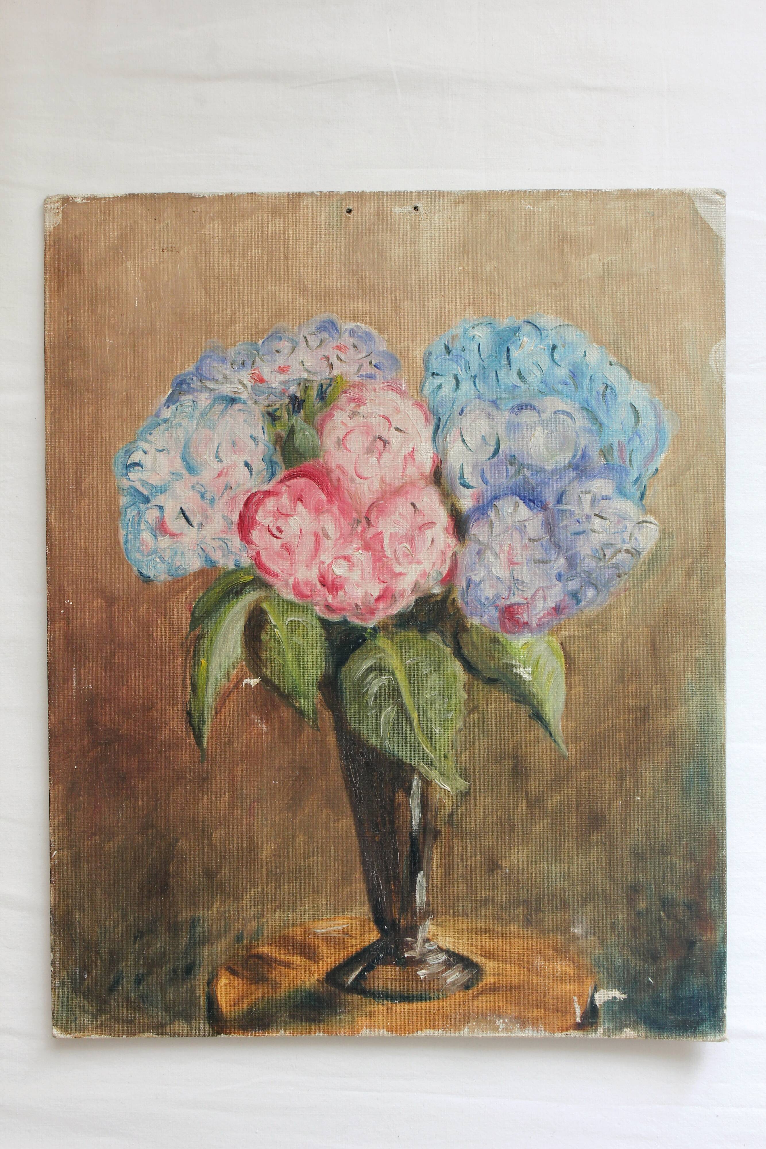 Antique oil painting on cardboard, bouquet of flowers