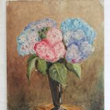 Peinture ancienne huile sur carton bouquet de fleurs