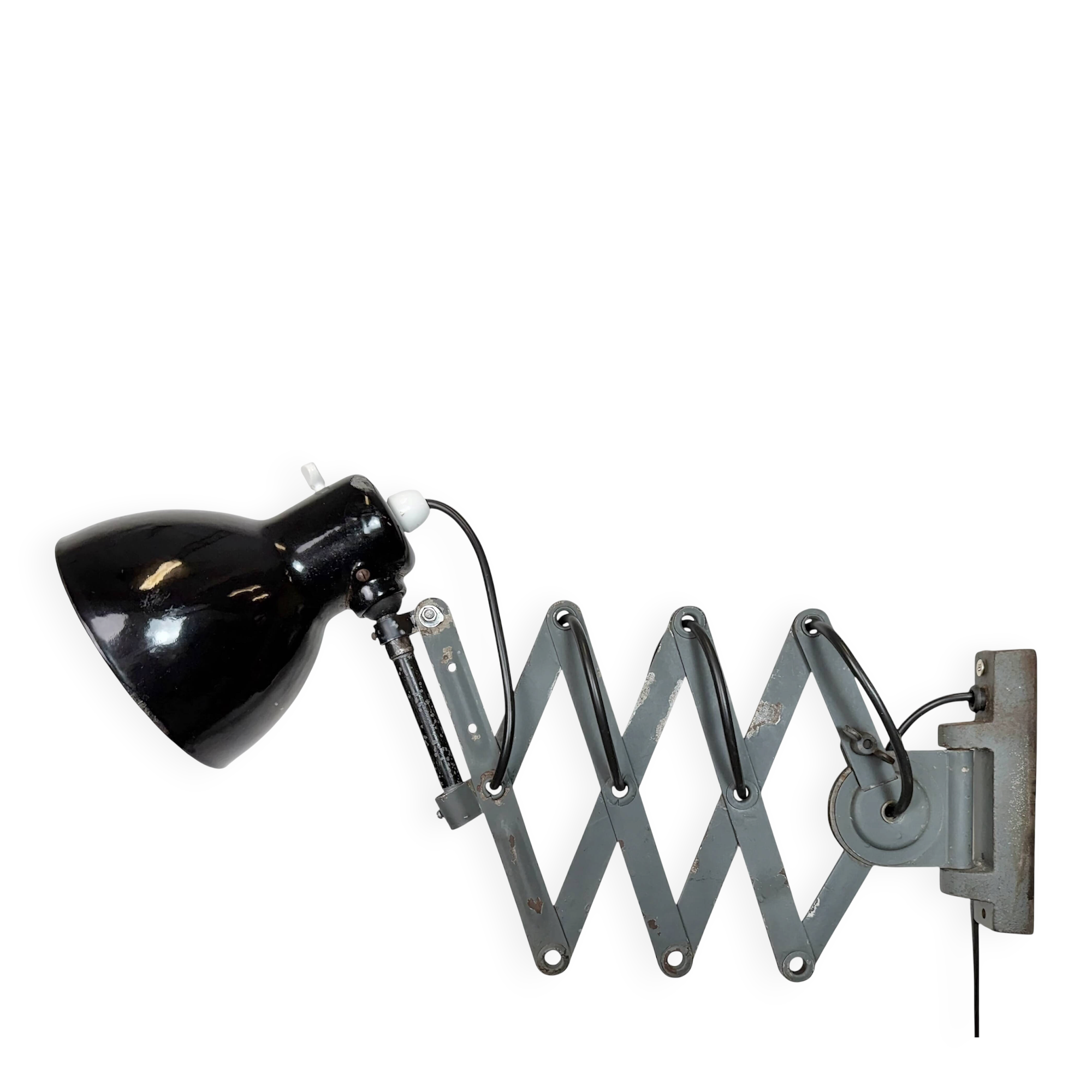 Industrial Black Enamel Scissor Wall Lamp, 1950s