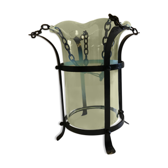 Suspension ancienne XIX avec verre en opaline forme corolle