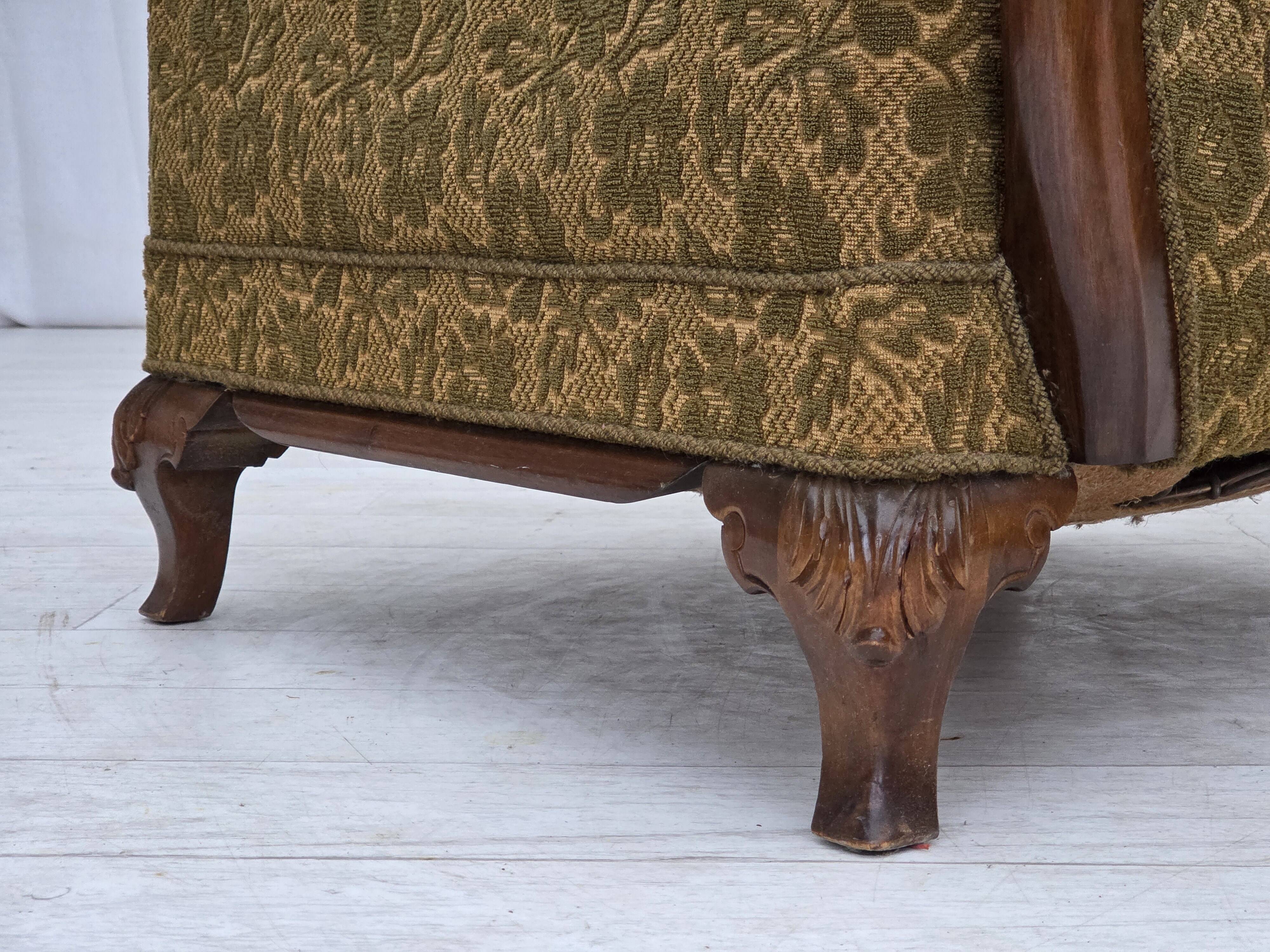 1950s, Danish armchair, furniture wool, hand carved oak wood.