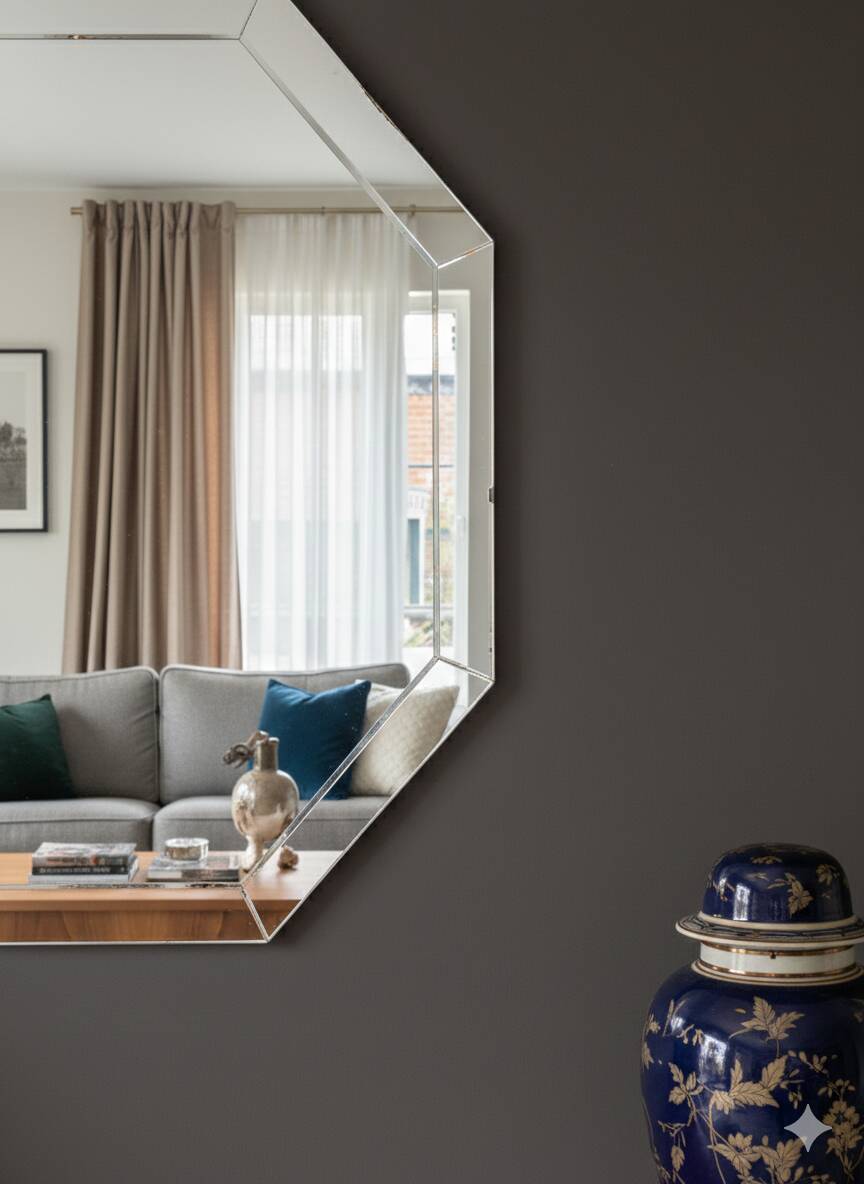 Modernist Octagonal Mirror – Art Glass & Wide Bevel – 1950s/60s