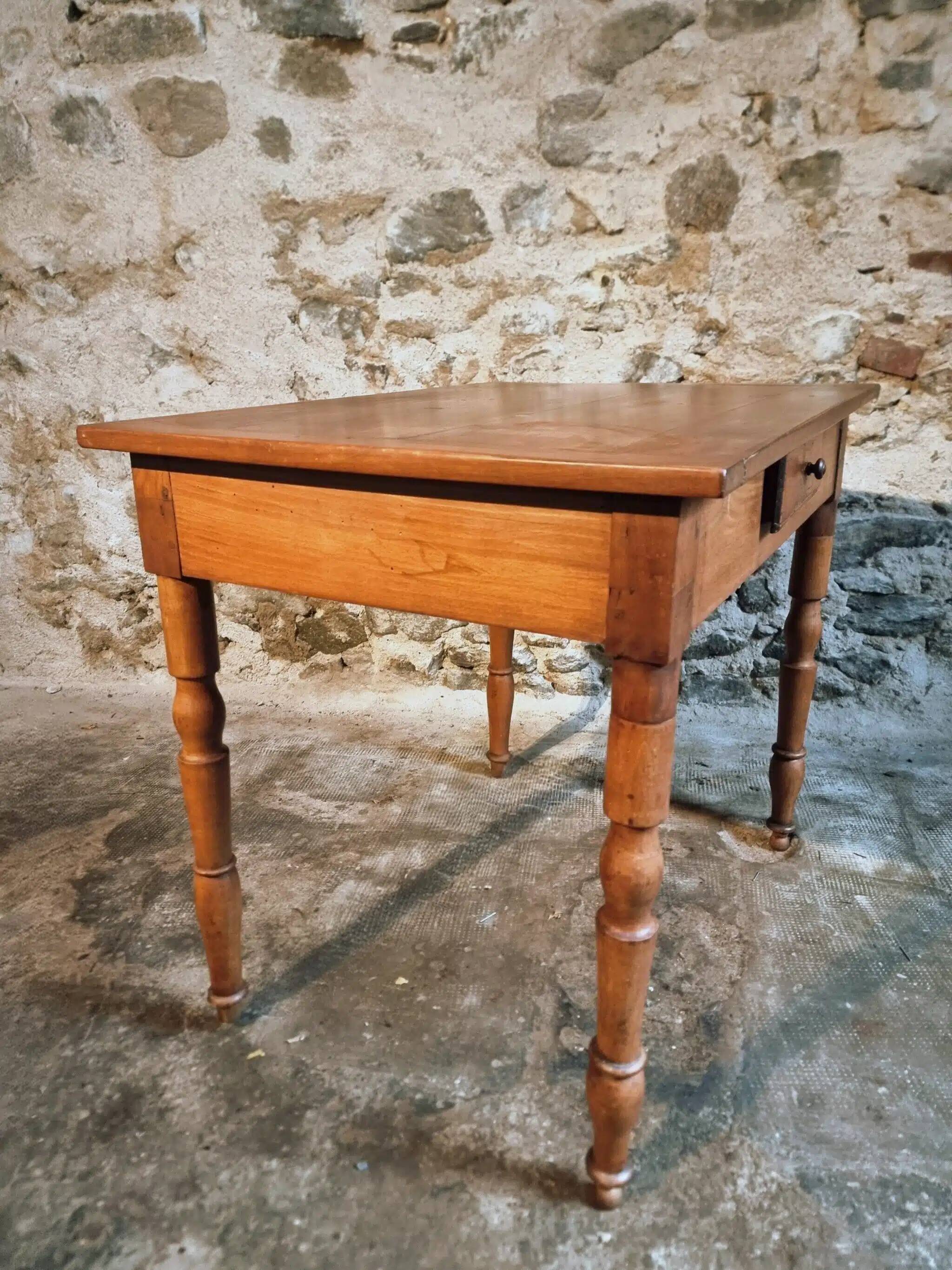 French vintage side table in cherry wood with a drawer.