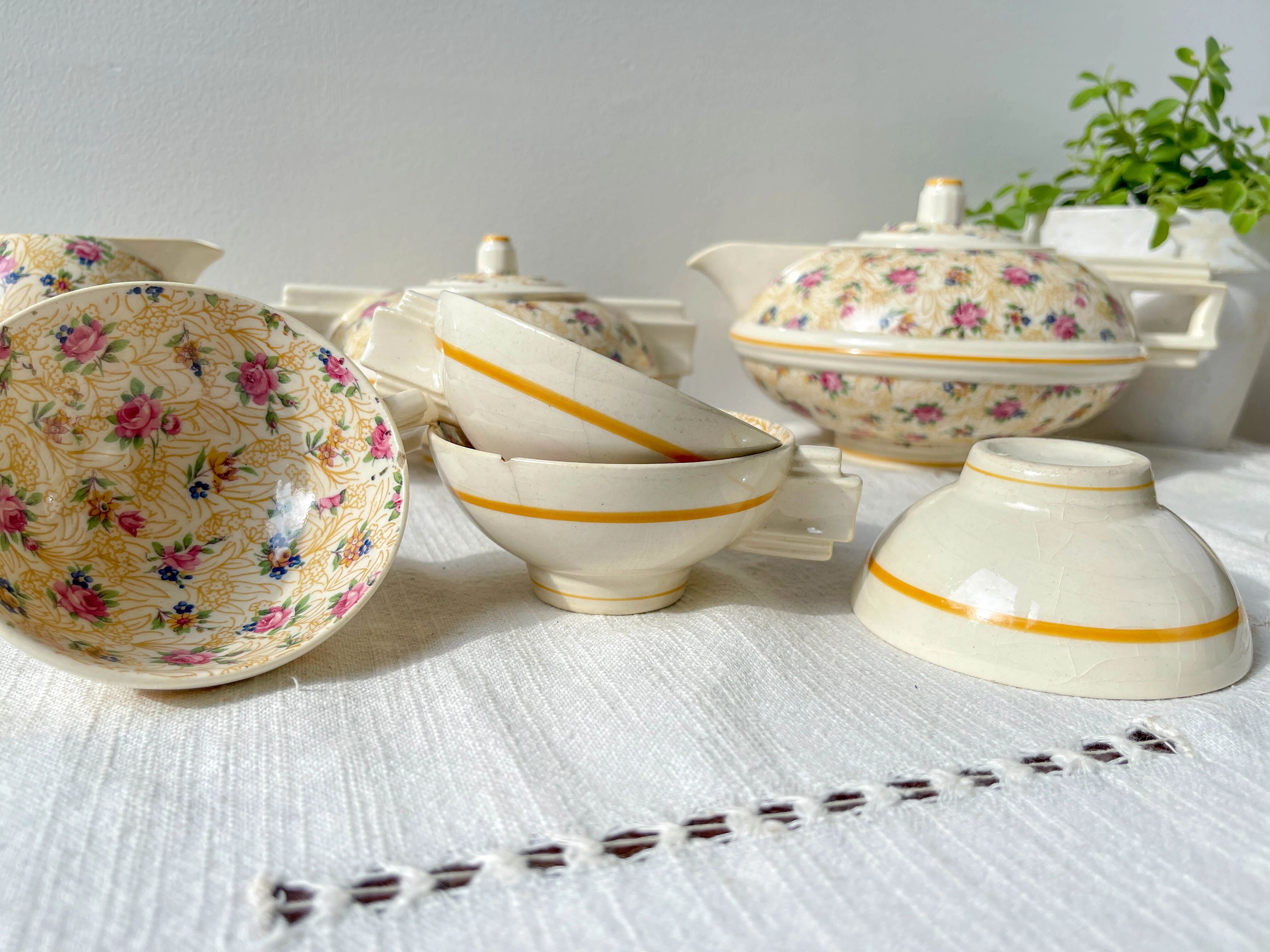 Robj Paris Coffee Tea Set with Floral Yellow Porcelain Core - Vintage Art Deco Style