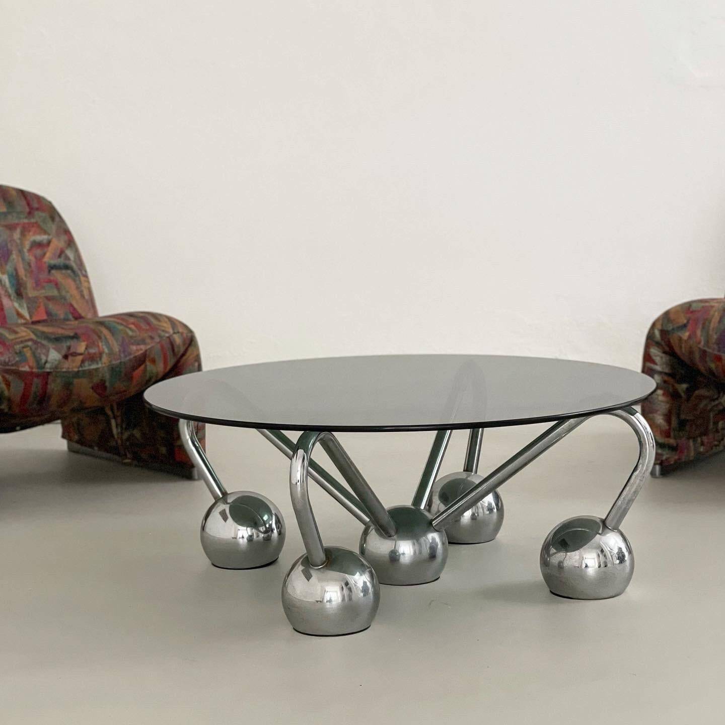 Sputnik Coffee Table in Chromed Metal and Smoked Glass