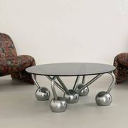 Table basse Sputnik en métal chromé et verre fumé
