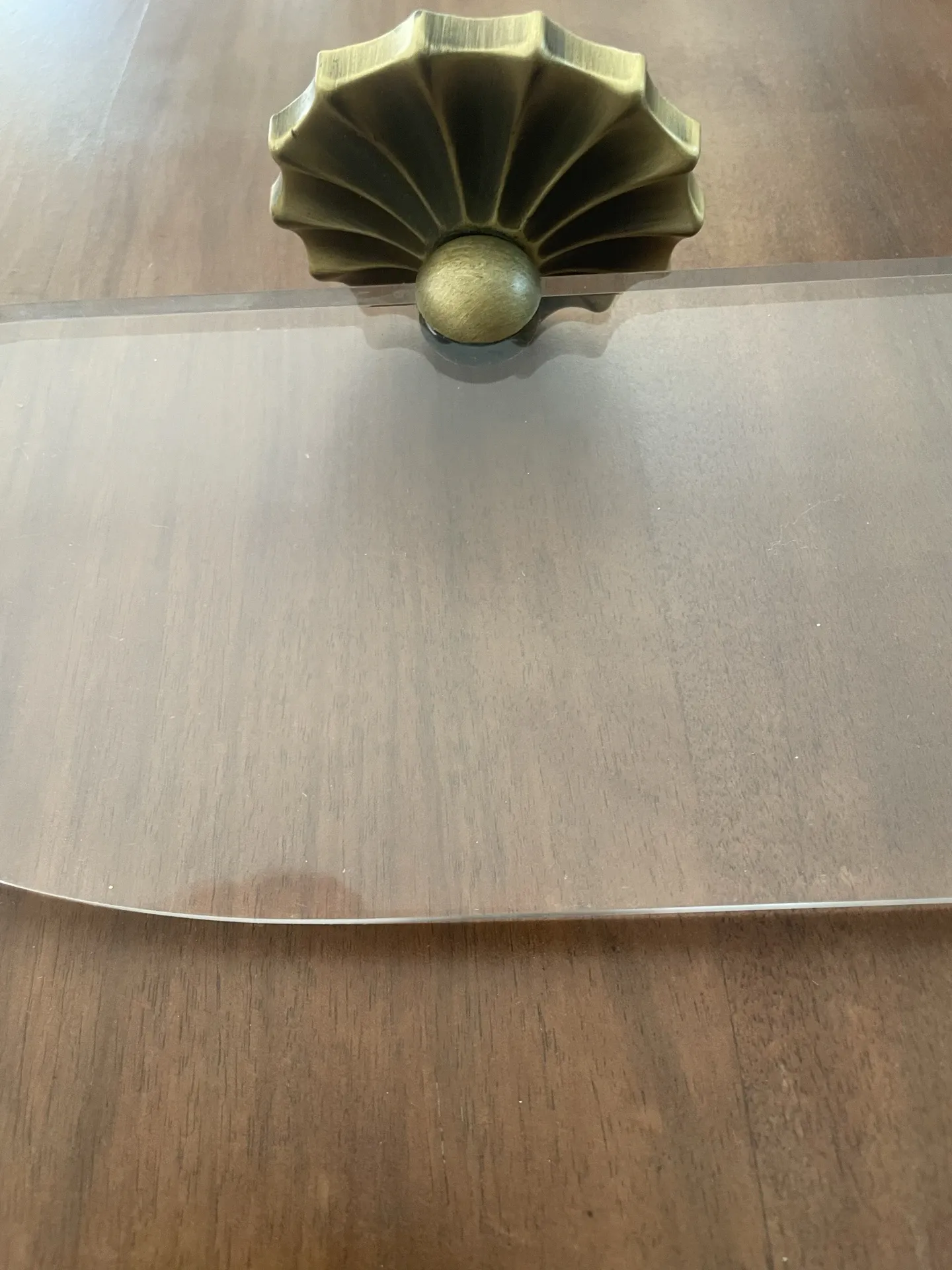 Vintage lucite and brass shelf with its hooks.