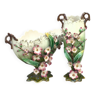 Antique pair of French ceramic slip vases with damaged applied flowers