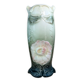 Gustav de Bruyn Fives Art Nouveau Floral Vase Green Pink Barbotine 20cm Numbered