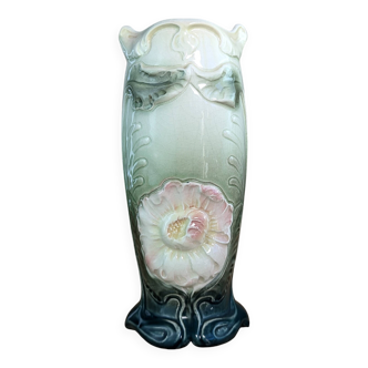 Gustav de Bruyn Fives Art Nouveau Floral Vase Green Pink Barbotine 20cm Numbered