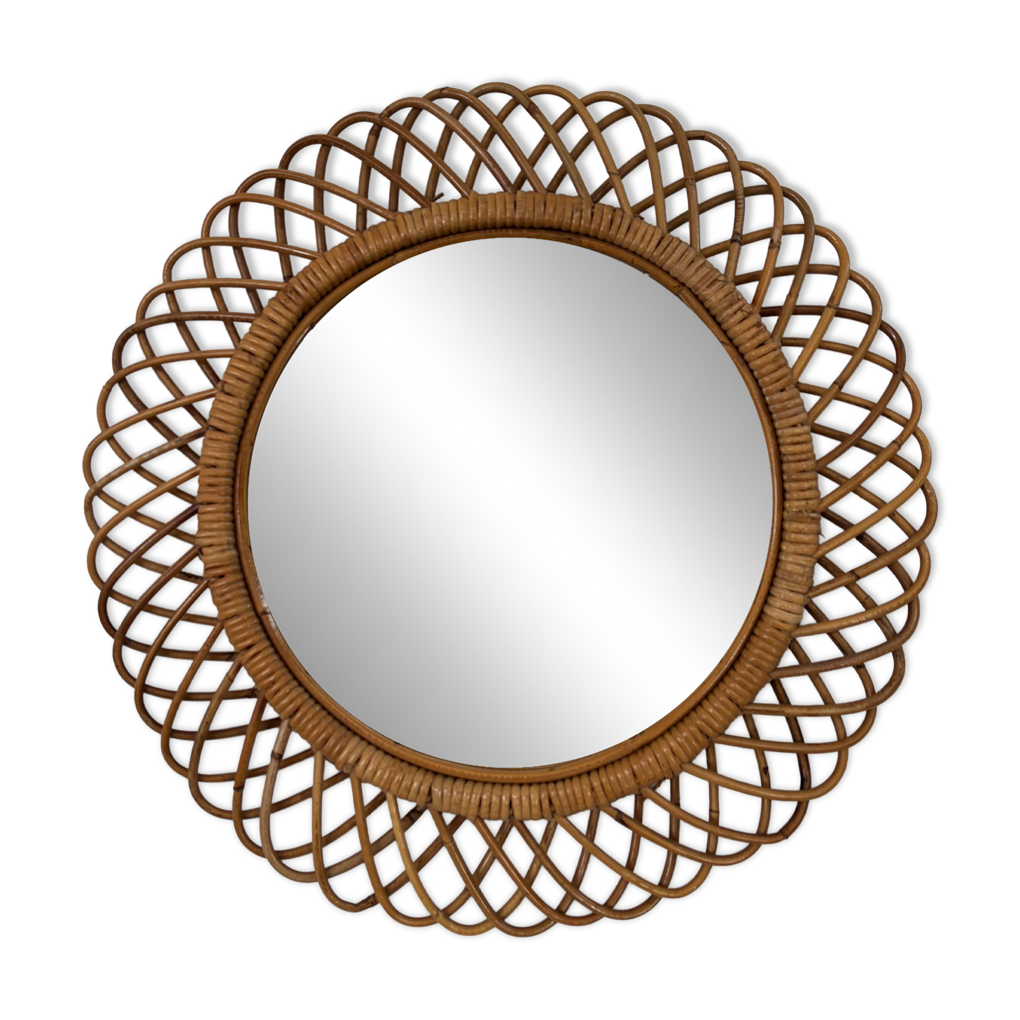 Italian Circle Rattan Bamboo Wall Mirror, 1960s