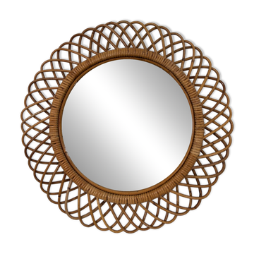 Italian Circle Rattan Bamboo Wall Mirror, 1960s