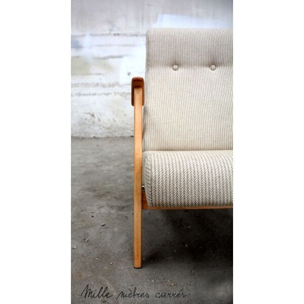 Fauteuil vintage des années 60 entièrement rénové (bois, tissu, garniture)