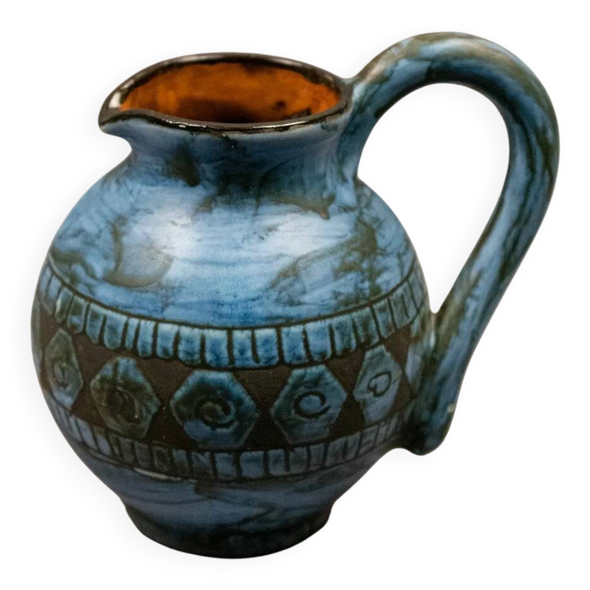 Blue ceramic pitcher with frieze by Jérôme Massier – Vallauris