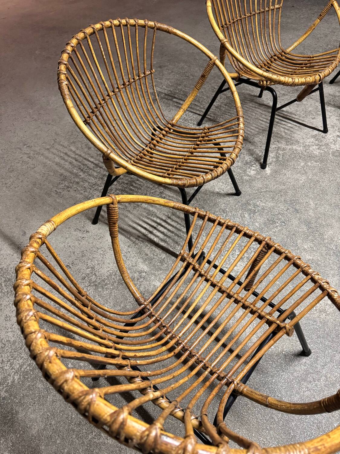 Set of 4 vintage 1950s/60s wicker rattan adult basket armchairs