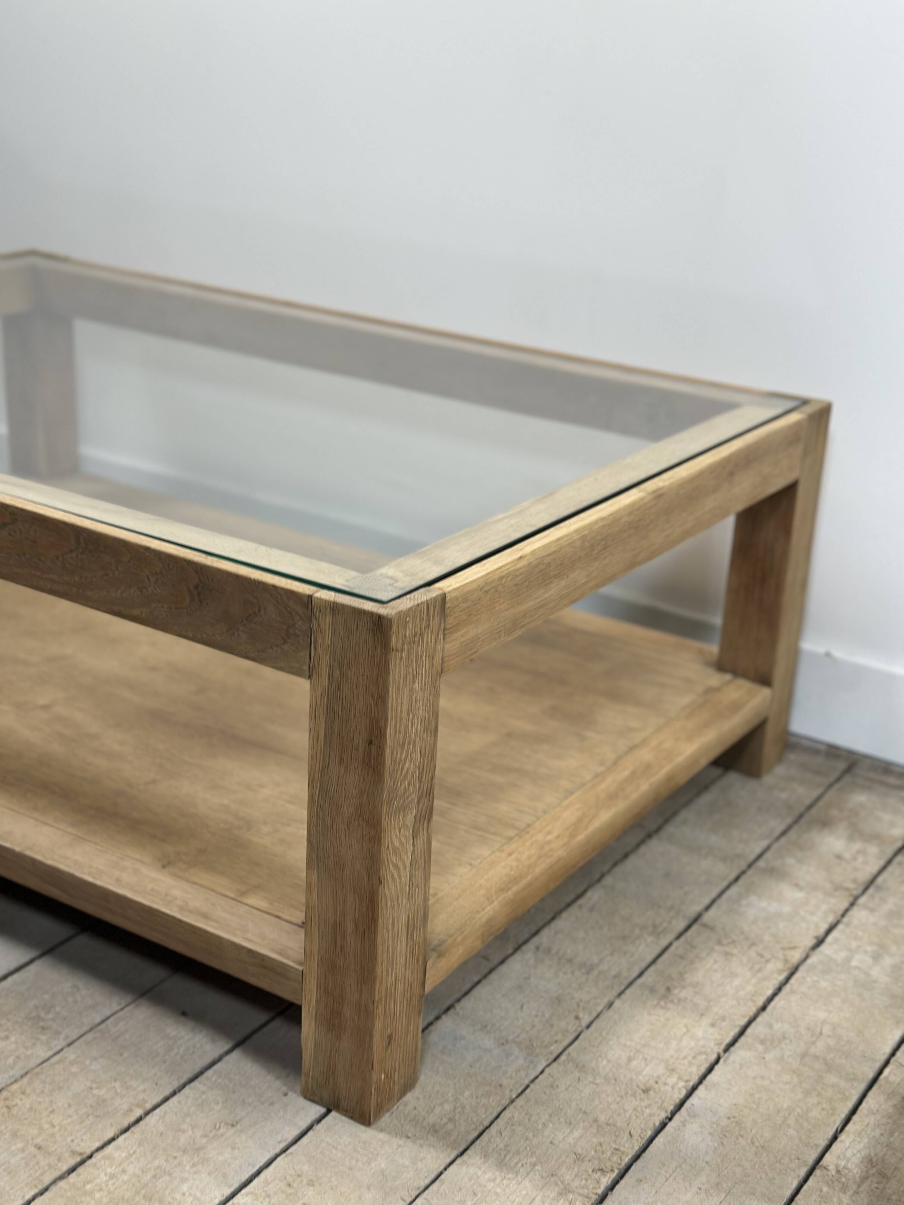 Brutalist oak coffee table with a glass top