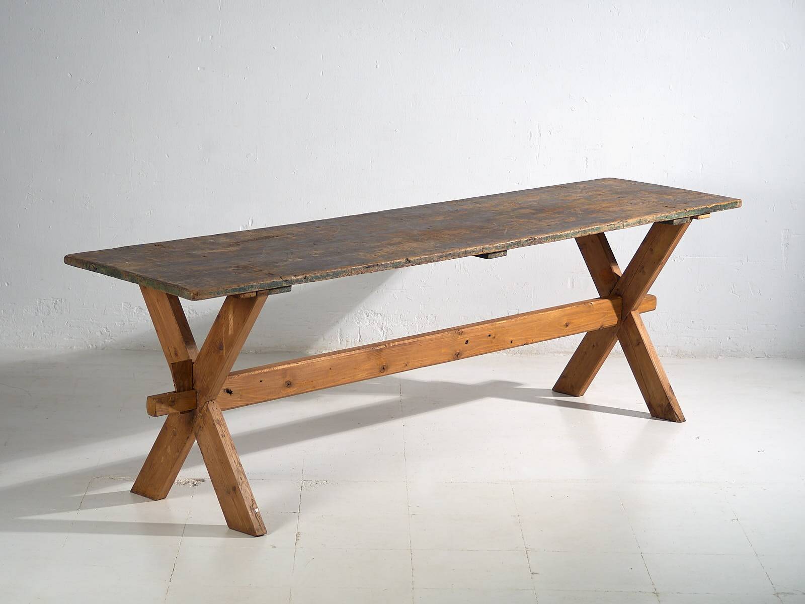 Antique solid wood table with green patina (c.1920)