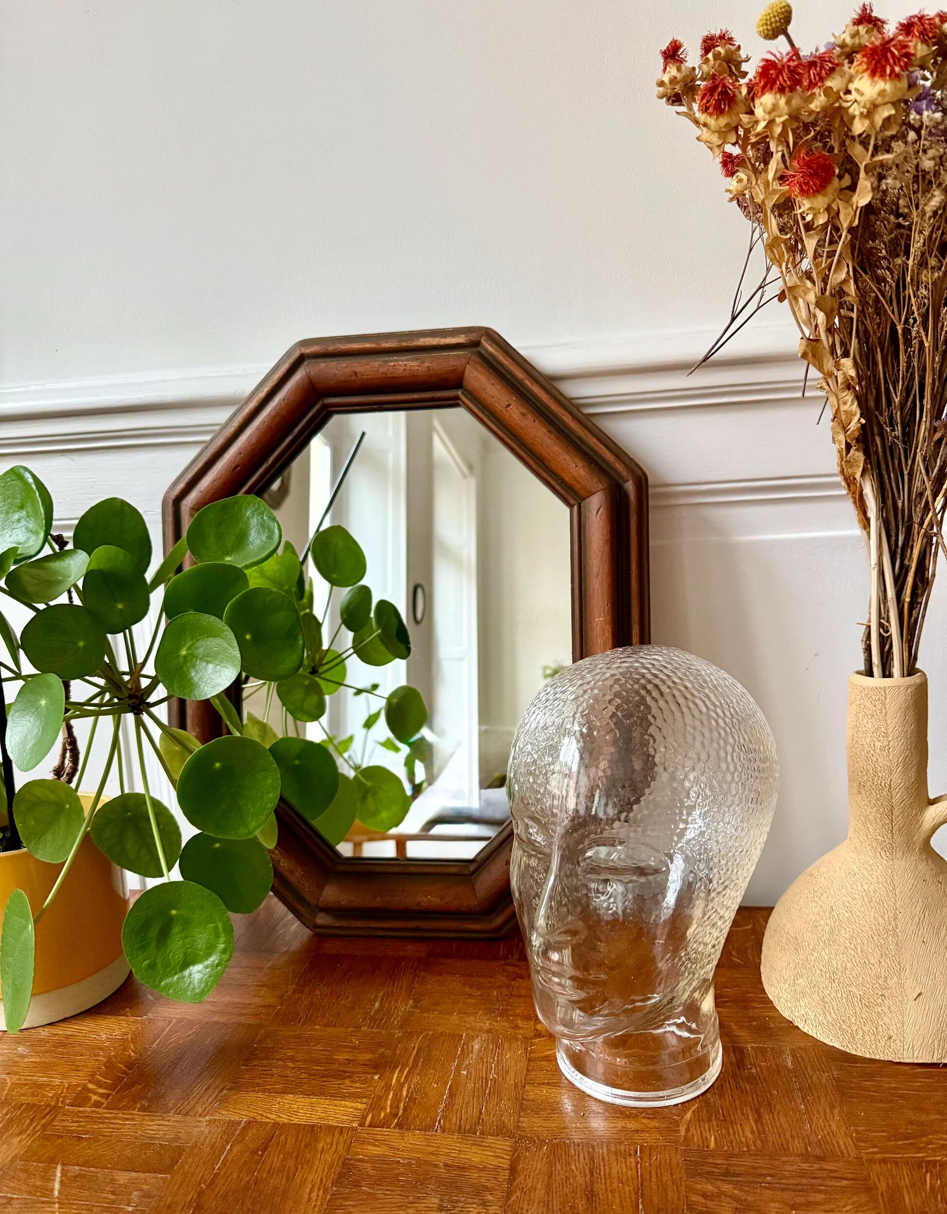 Octagonal wooden mirror