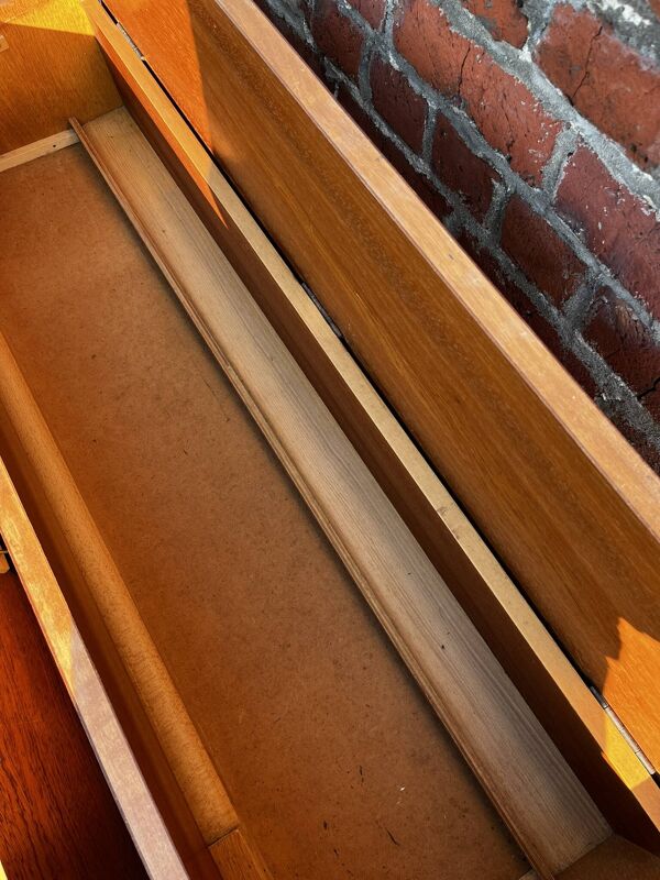 Console / bureau vintage en bois, pied compas