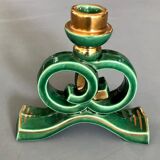 Green and gold candle holders in glazed ceramic