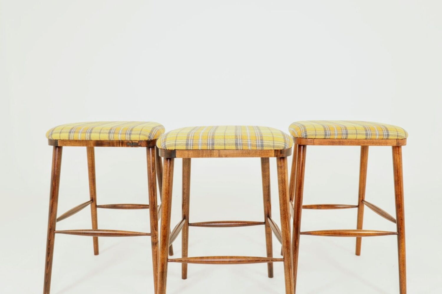 Set of three bar stools in vintage style rustic wood wool upholstery