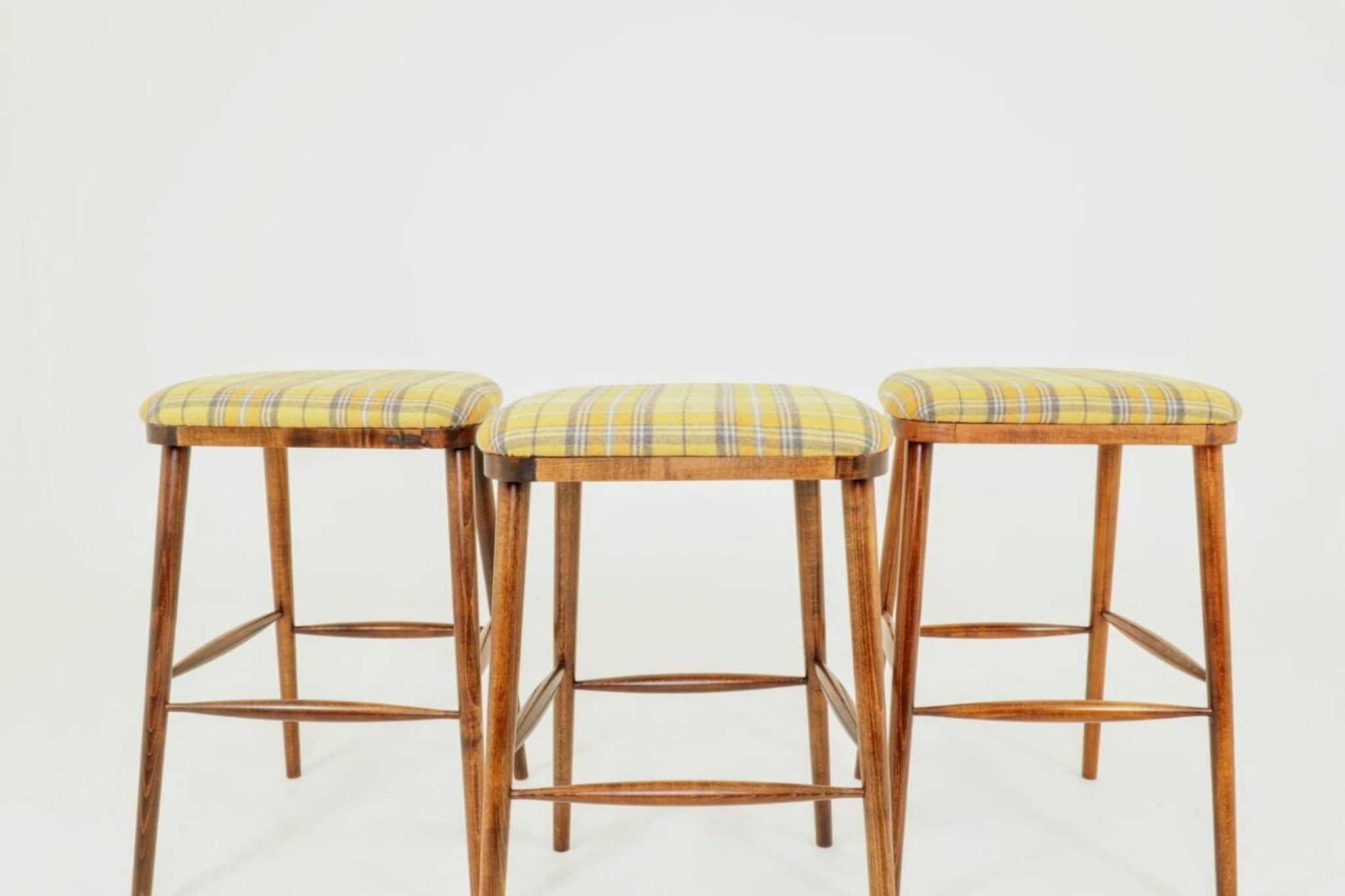 Set of three bar stools in vintage style rustic wood wool upholstery