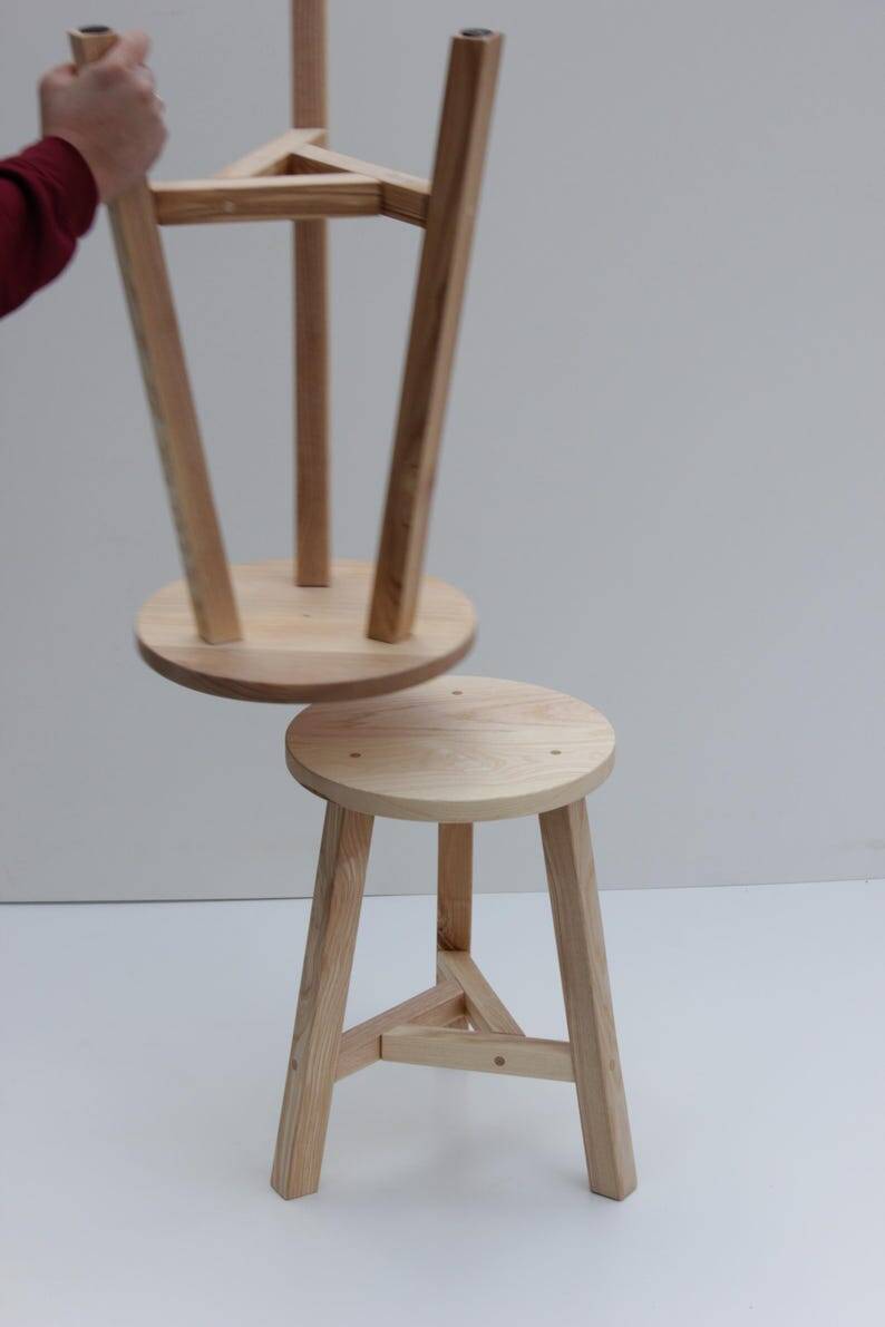 Oak stool with round seat and three legs, minimalist stool with tr