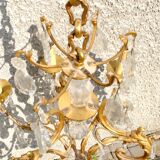 Lustre à pampilles 9 feux monumental en bronze doré et cristal suspension