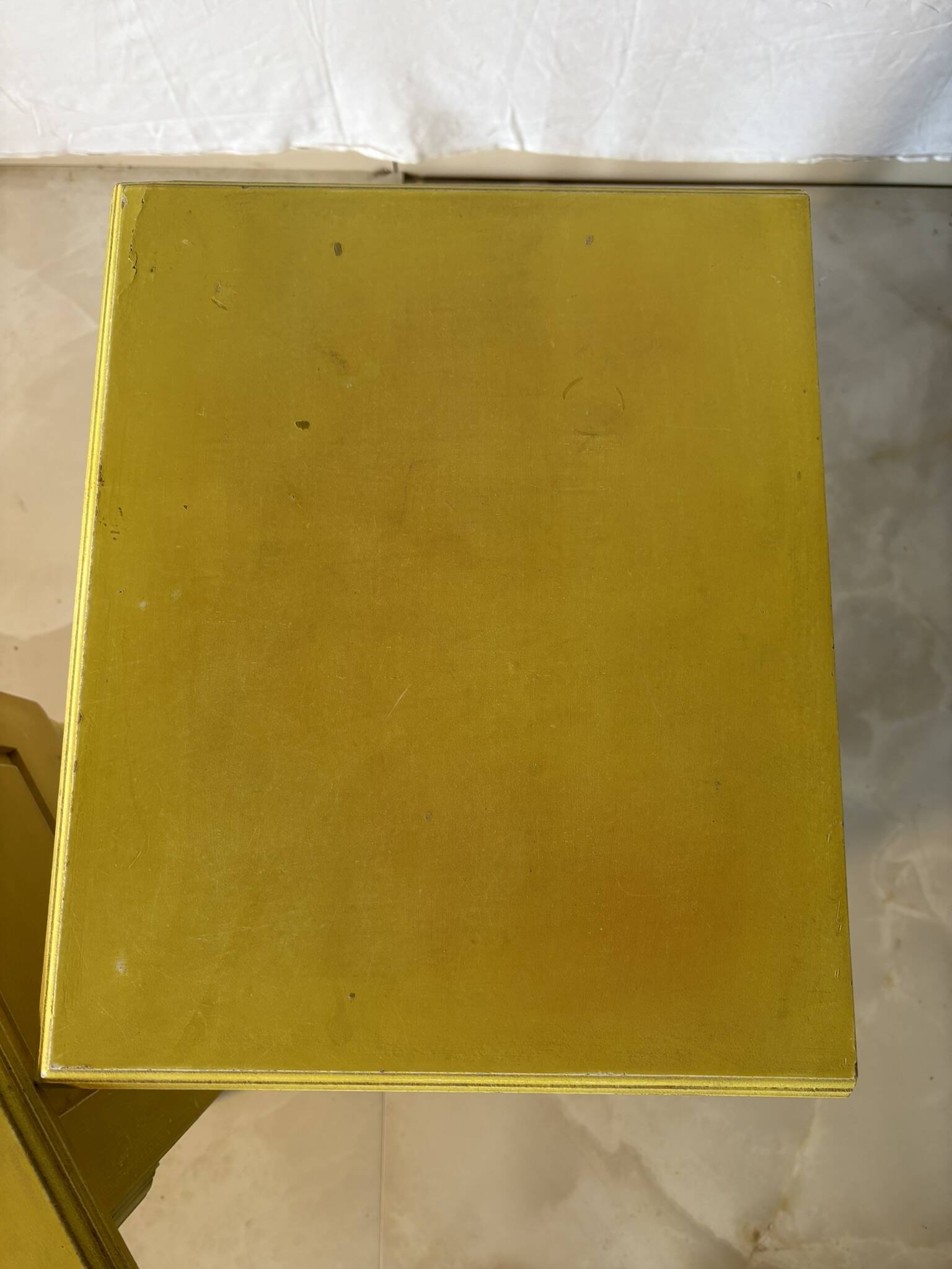 Pair of vintage carved wooden bedside tables – Sunny yellow finish