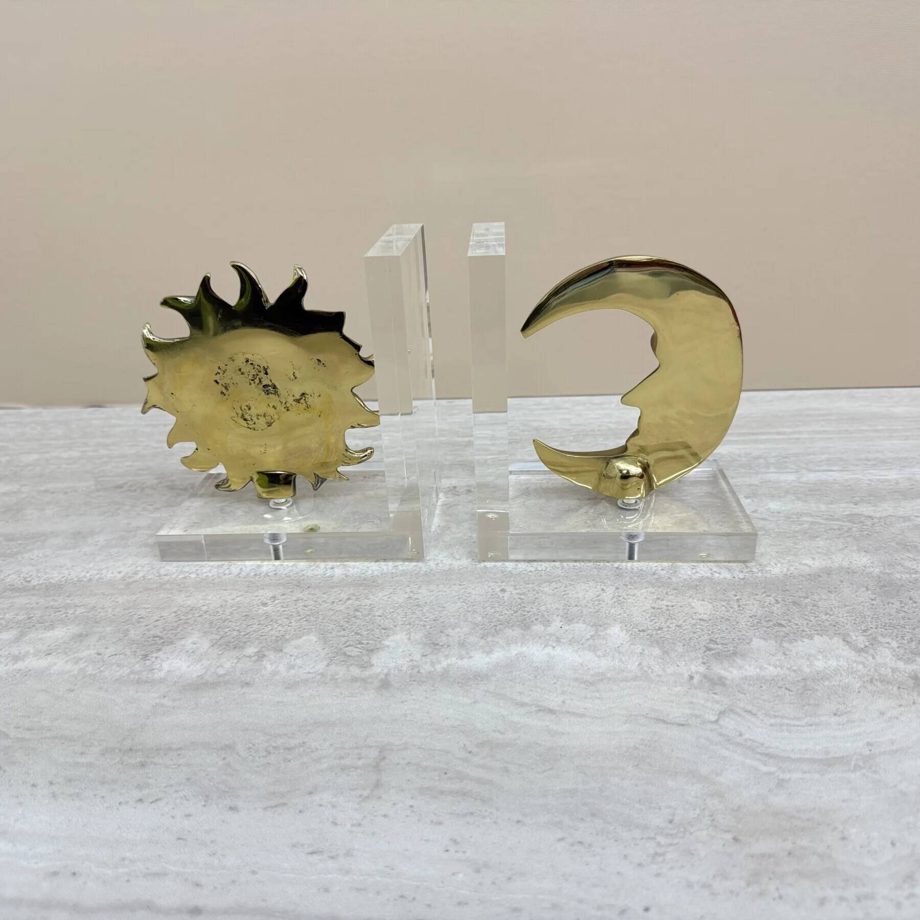 Vintage bookends sun and moon lucite and brass, 1970s