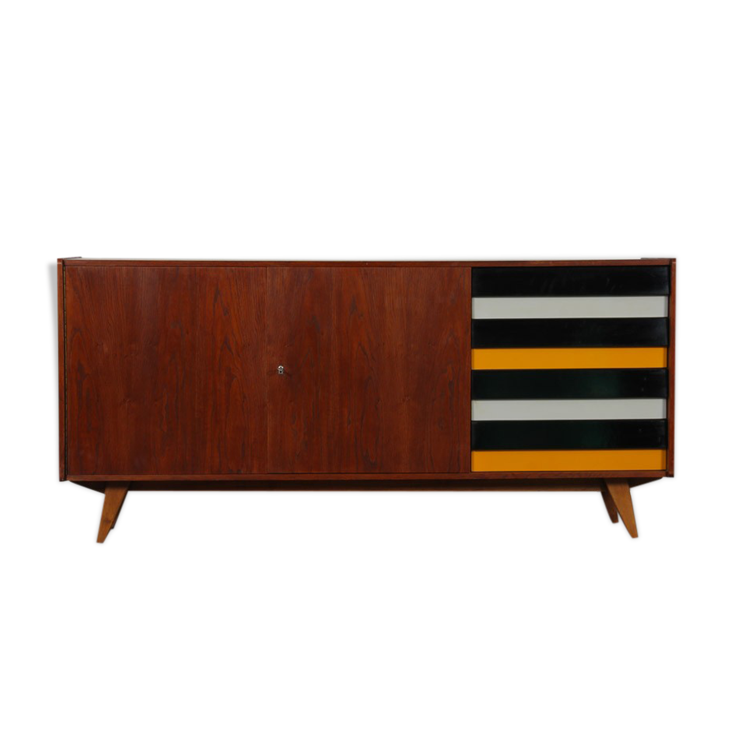 Oak sirdeboard with yellow and black drawers by Jiri Jiroutek, 1960