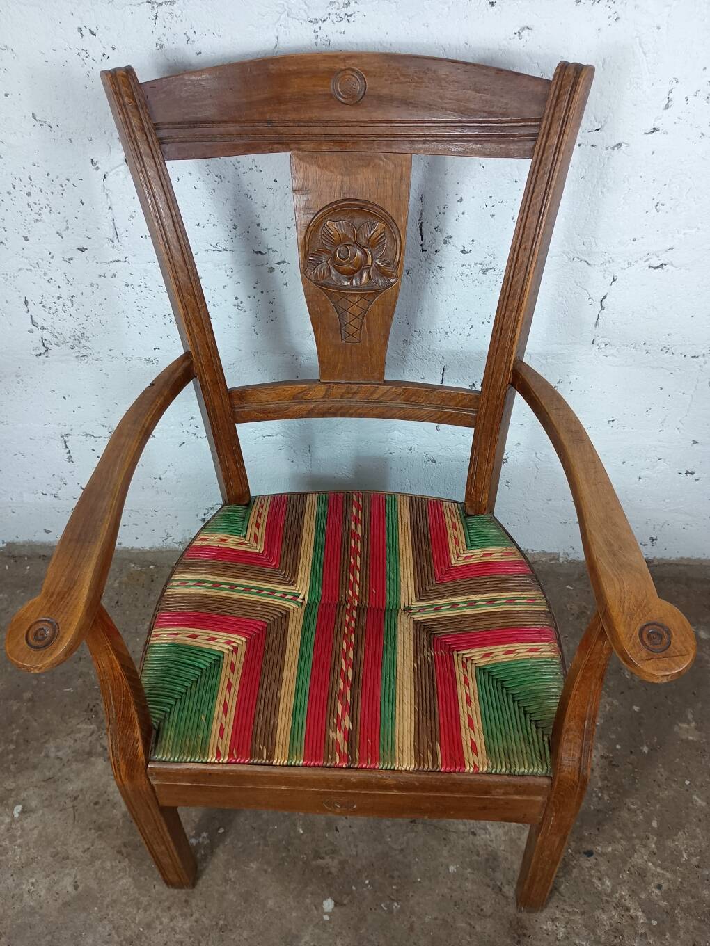 Art Deco wood and straw armchair