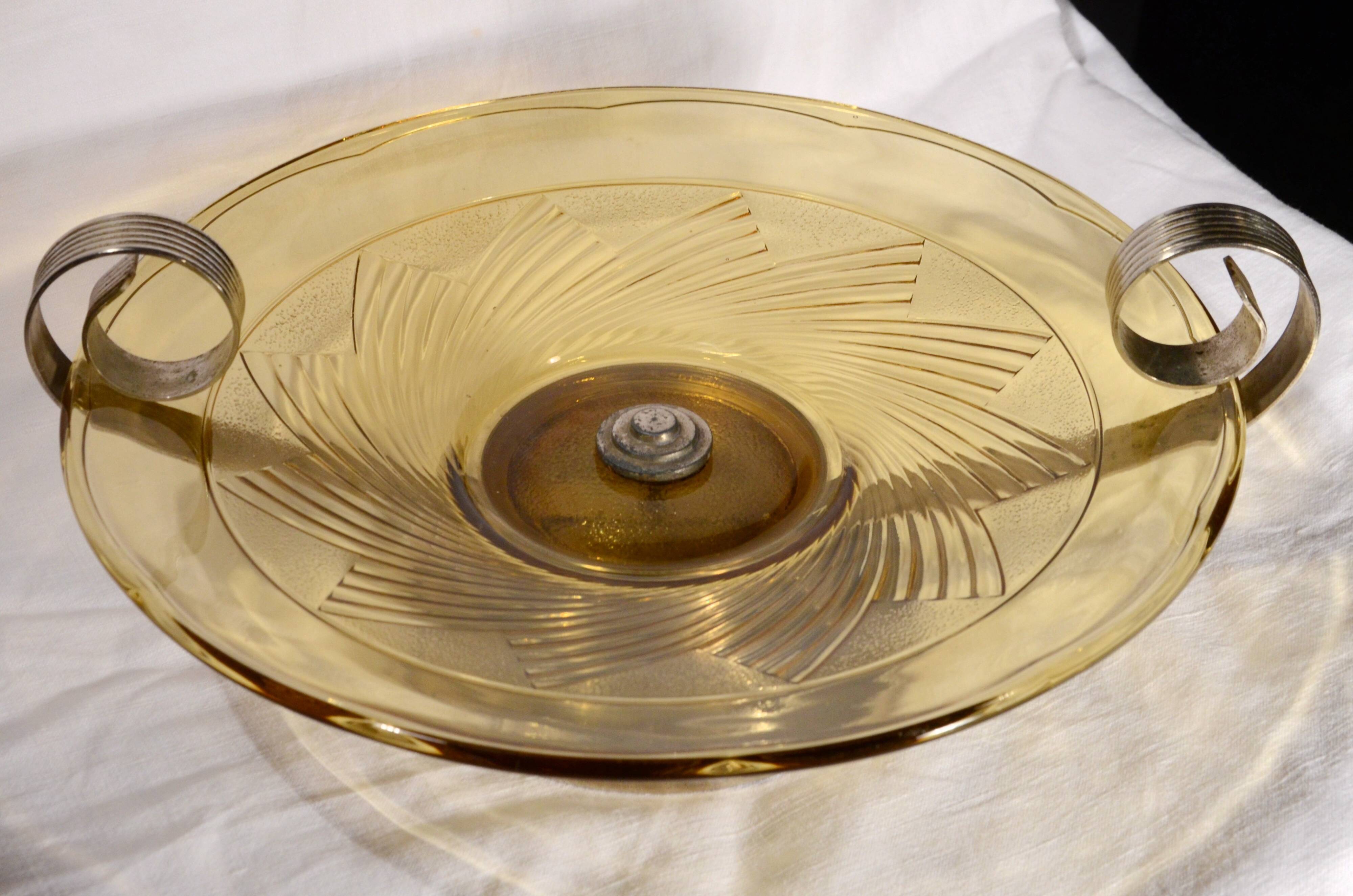Art Deco bowl in smoked pressed glass and silver-plated metal, 30x8cm