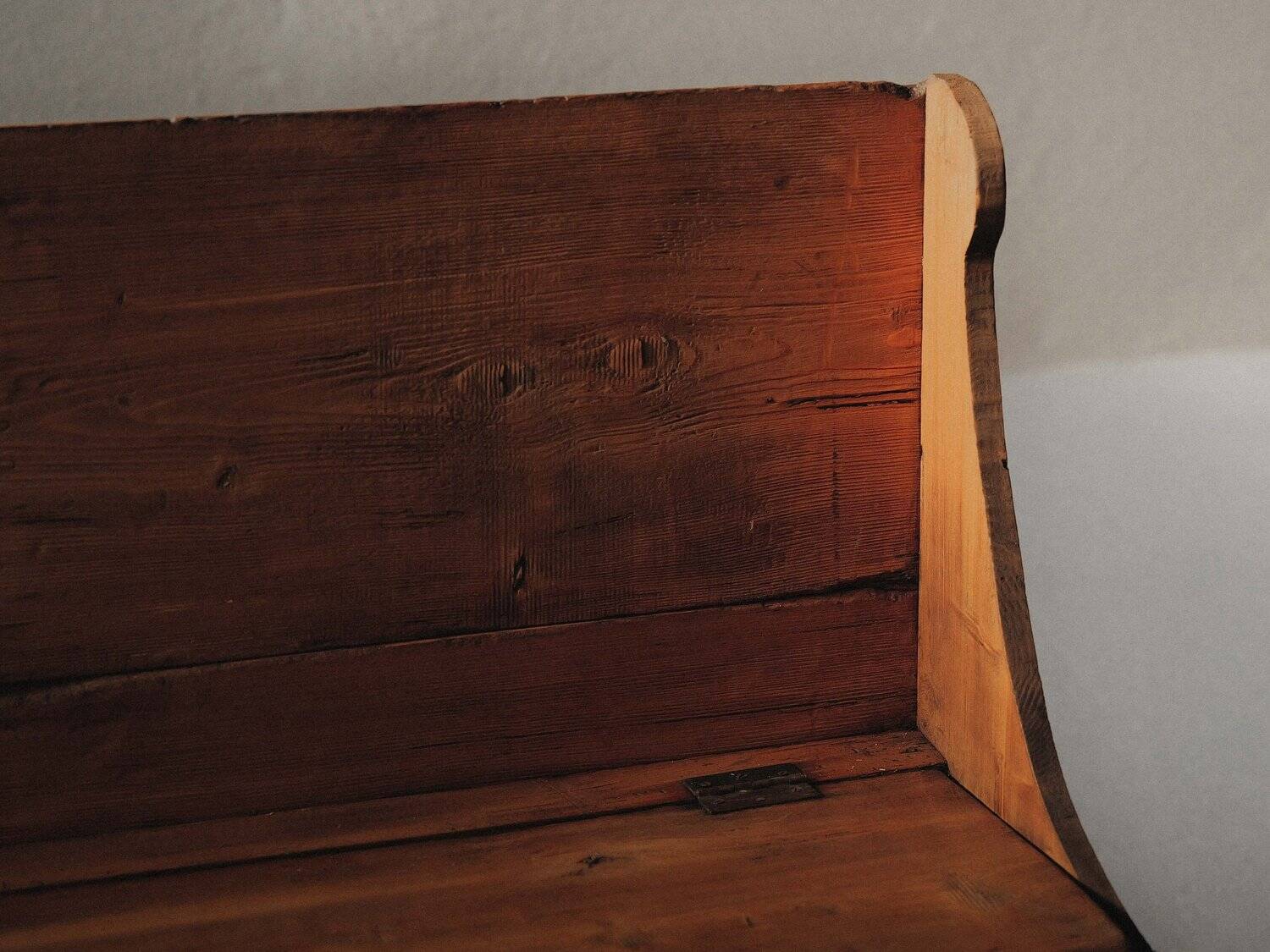 Larch and solid pine storage bench, Folk Art, Savoy, 1950