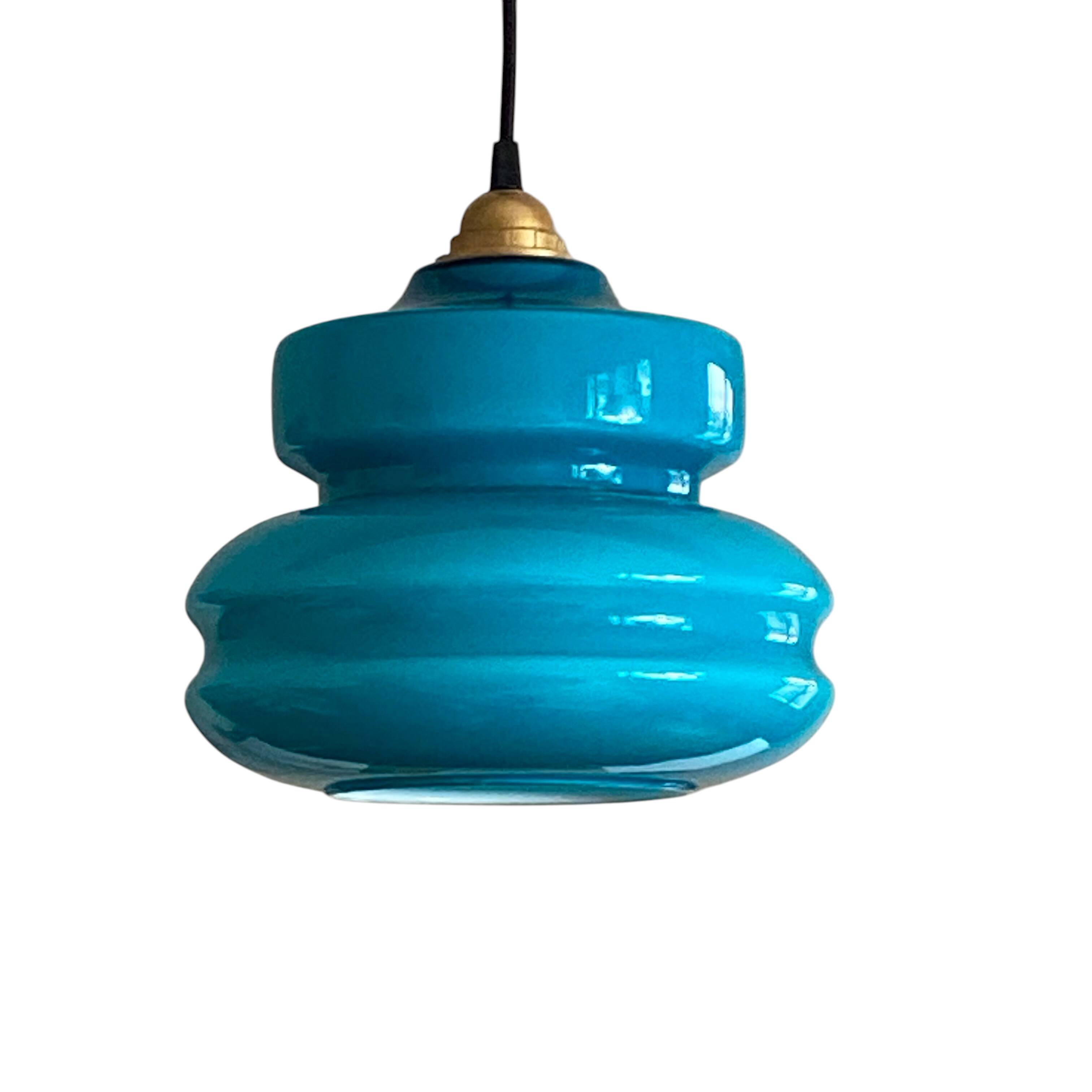 Suspension old lampshade in blue opaline glass