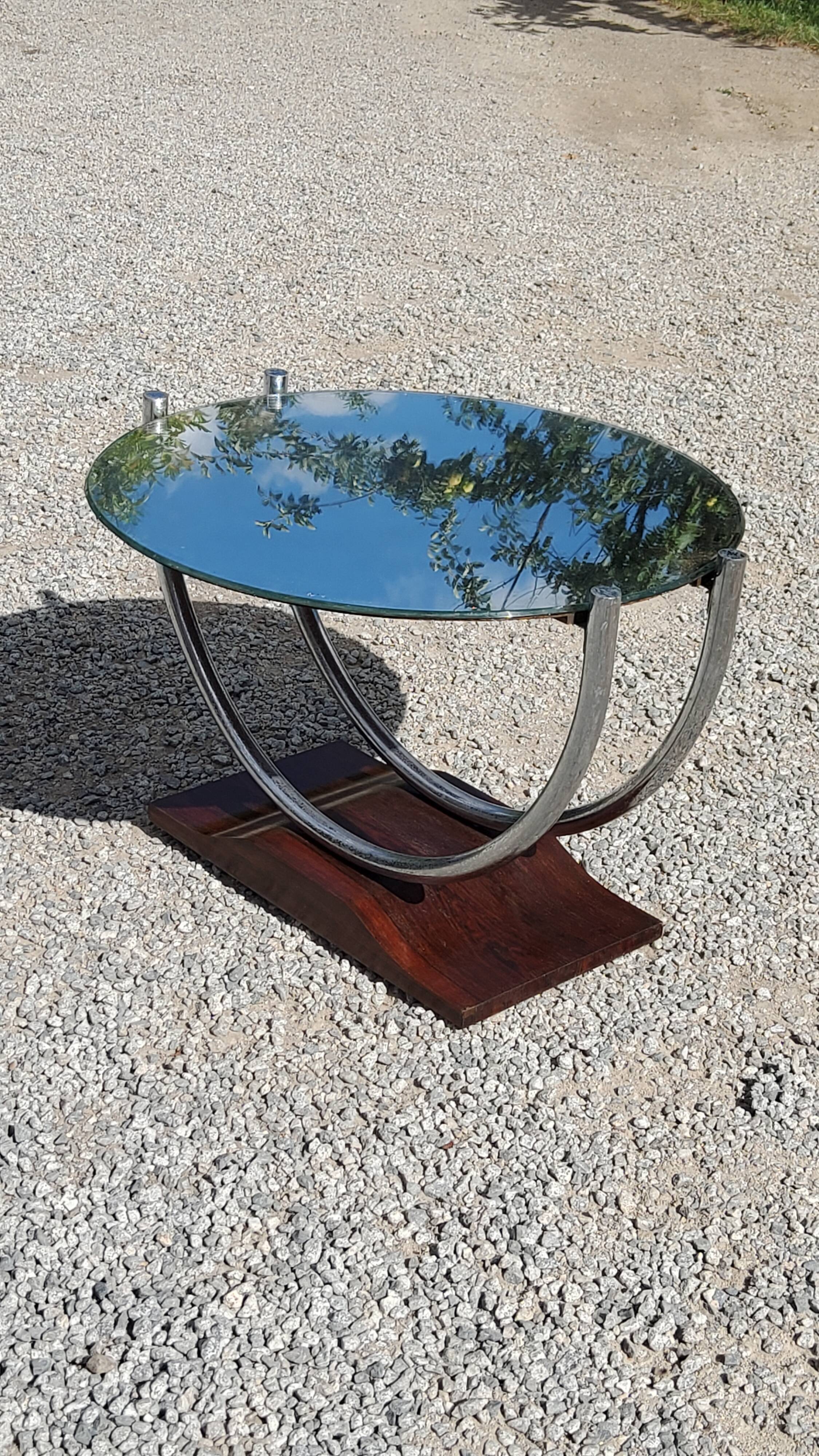 Art deco coffee table mirror base chrome and rosewood