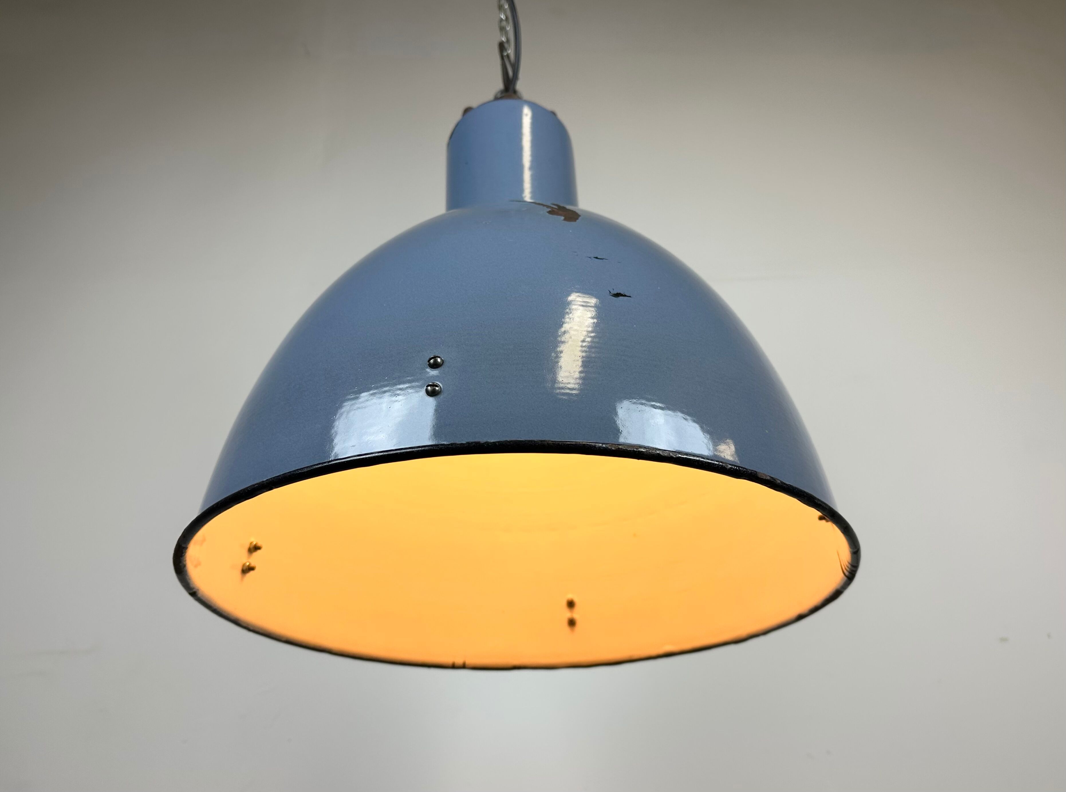 Bauhaus blue enamel industrial pendant lamp, 1950s