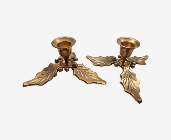 Bougeoirs vintage en laiton déco de noël houx
